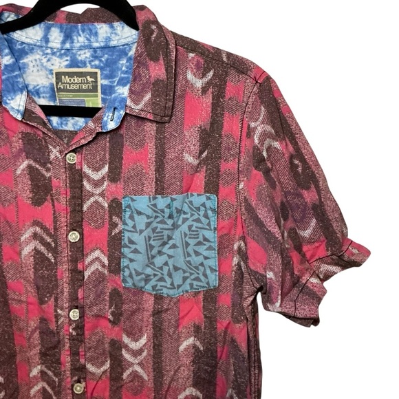 Modern Amusement Red and Brown Geometric Shirt with Blue Pocket - Picture 2 of 3